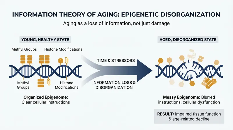 Over time, environmental stress and age cause the epigenome to become disorganized, leading to cellular decline.