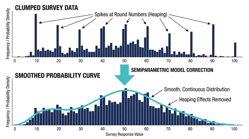 The semiparametric model mathematically stretches and compresses clumped survey data to reveal the true underlying trend.