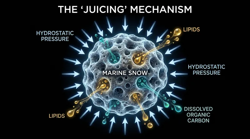 At a microscopic level, the structural matrix of marine snow fractures under pressure, releasing trapped pockets of liquid carbon.