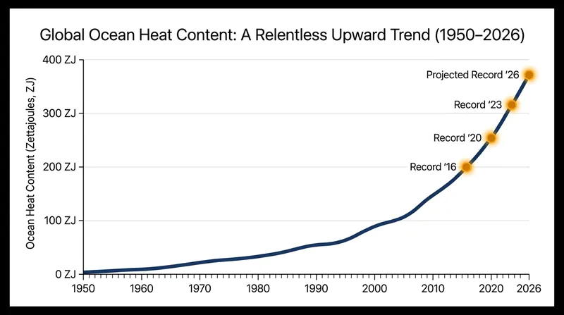Ocean heat content has risen sharply since the late 20th century, with the last nine years breaking consecutive records.