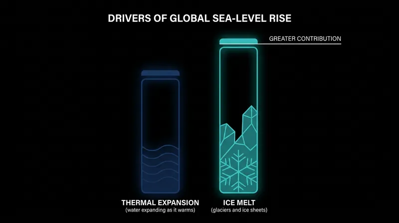 Thermal expansion—the physical swelling of water as it warms—accounts for roughly half of all modern sea-level rise.