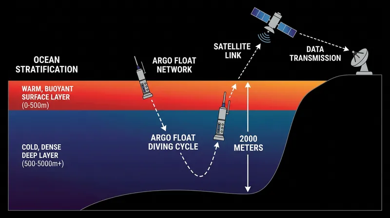 Argo floats continuously measure temperature and salinity down to 2,000 meters, revealing how heat is stratifying the water column.