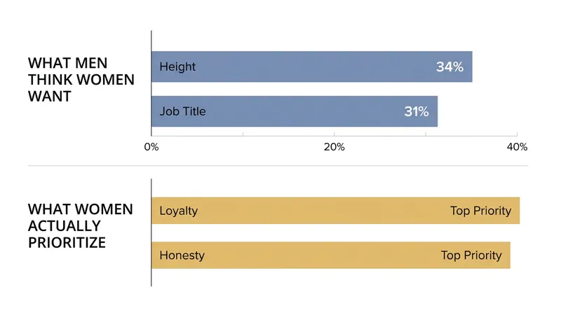 Men often assume women prioritize physical traits and income, while women actually rank loyalty and honesty highest.