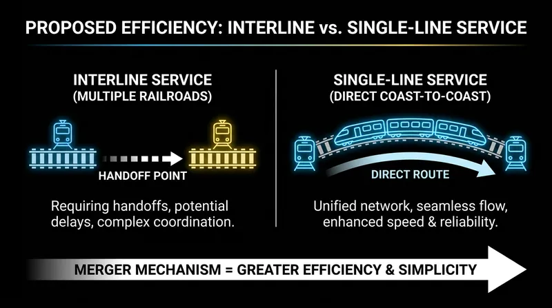 The merger aims to eliminate the 'mid-continent handoff' that currently slows down cross-country freight.