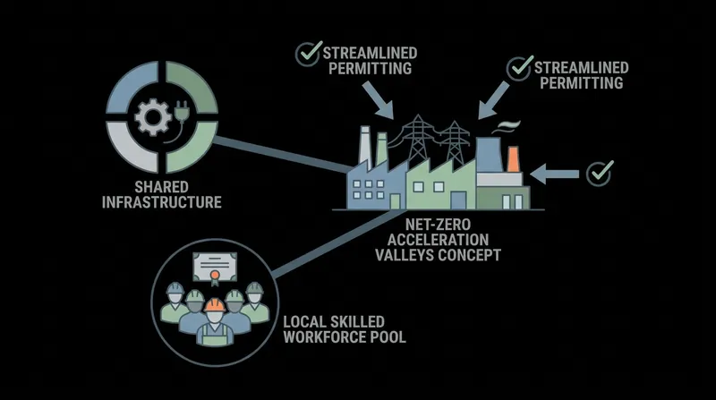 Net-Zero Acceleration Valleys are designed to cluster industries, share infrastructure, and streamline environmental approvals.