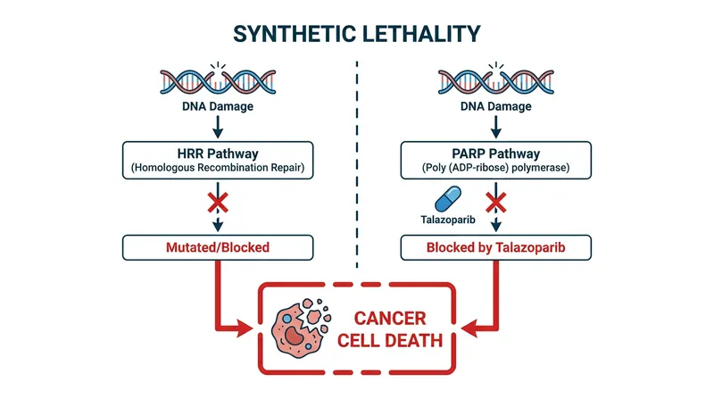 Synthetic lethality occurs when a cancer cell loses both its primary and backup DNA repair mechanisms.