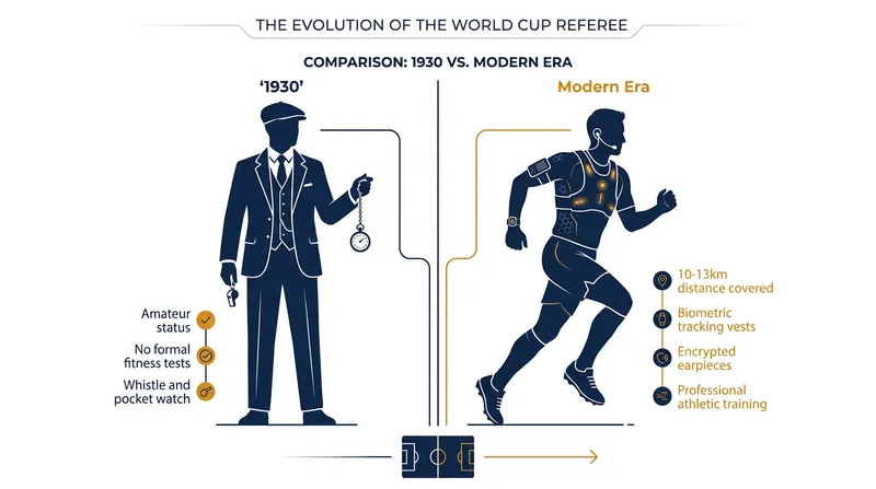 The evolution of the referee's physical requirements and equipment over a century of World Cup history.