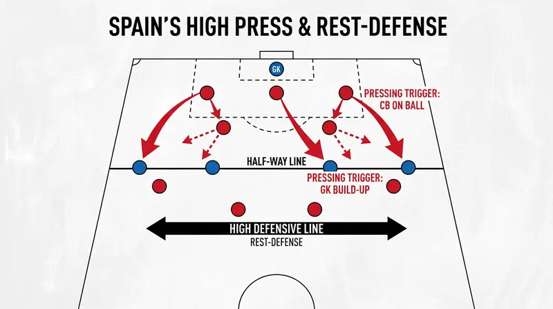 A high defensive line compresses the pitch, enabling Spain's aggressive counter-press immediately after losing the ball.