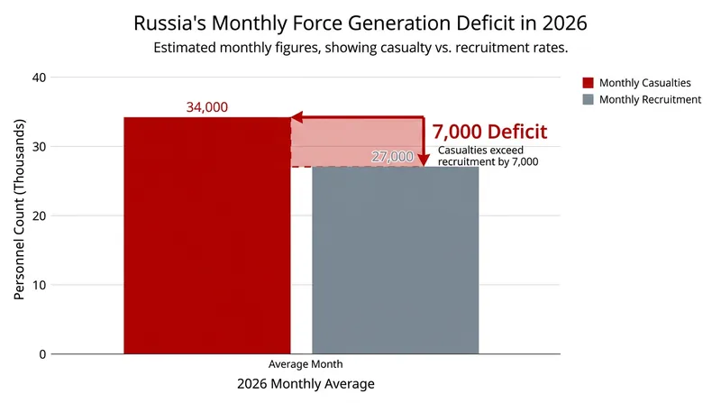 Russia's estimated monthly casualties currently exceed its recruitment pipeline.