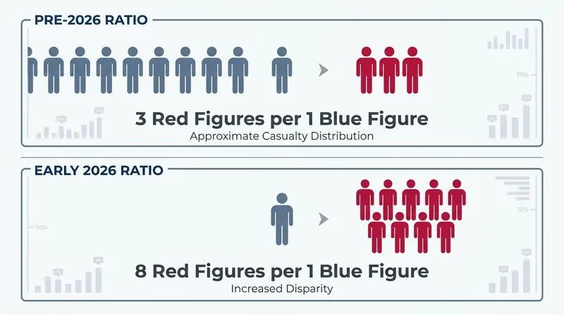 The casualty ratio has shifted dramatically in early 2026, driven by defensive fortifications and drone warfare.