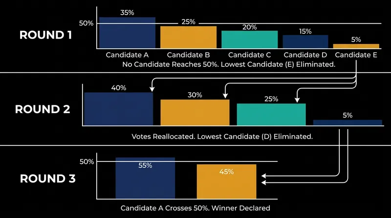 The instant-runoff mechanism redistributes the votes of eliminated candidates until one secures a majority.