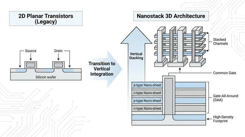 Nanostack architecture builds upward, utilizing 3D sequential integration to stack transistors vertically.