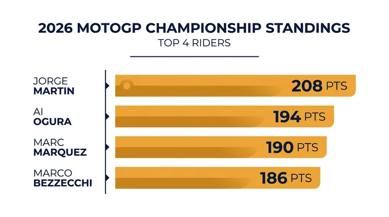 The 2026 MotoGP championship standings at the summer break.