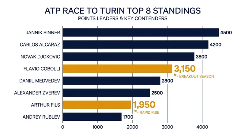 The current ATP Race to Turin standings highlight the massive mid-season push by Cobolli and Fils.