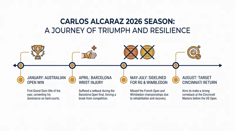 Timeline of Alcaraz's 2026 season and injury recovery.