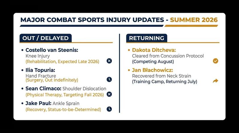 Key fighters sidelined and returning across global combat sports this summer.