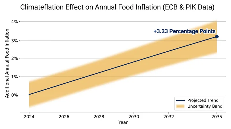 Researchers project that rising baseline temperatures could add up to 3.23 percentage points to annual global food inflation by 2035.