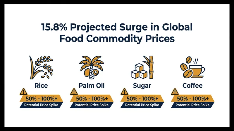 Goldman Sachs projects a 15.8% surge in overall food commodities, with highly exposed crops facing much steeper risks.