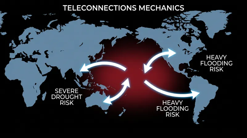 A warming Pacific Ocean alters the global jet stream, triggering simultaneous droughts and floods in critical agricultural regions.
