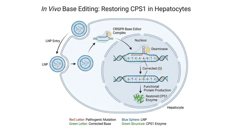 Unlike traditional CRISPR which cuts the DNA double helix, base editors chemically convert a single mutated letter into the correct sequence.