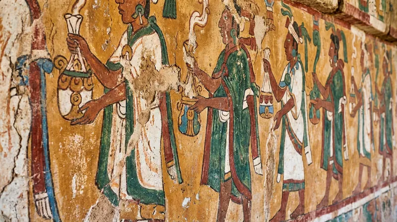 Polychrome murals inside the burial chamber depict a ritual procession of figures carrying bags of sacred copal resin.