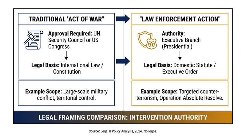 How the U.S. executive branch bypassed traditional international law by framing the military strike as a domestic law enforcement action.