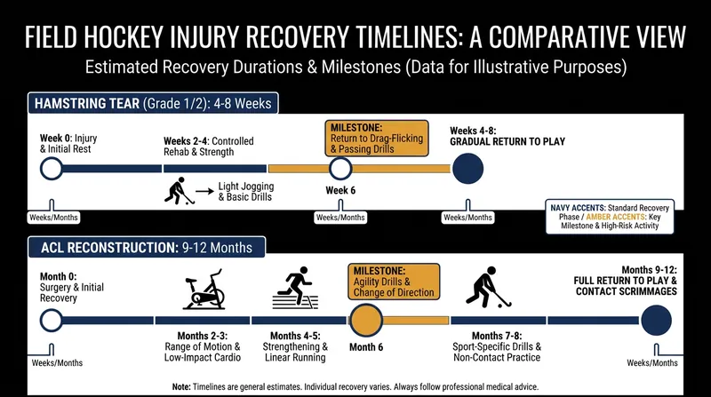 Typical recovery timelines and sport-specific milestones for common severe field hockey injuries.