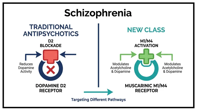 Unlike traditional antipsychotics that block dopamine, the new drug class stimulates muscarinic receptors to regulate brain chemistry.