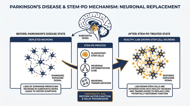 How the STEM-PD therapy replaces lost dopamine-producing neurons in the brain.