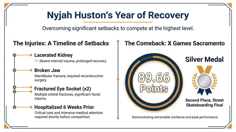 A timeline of the severe injuries Huston overcame to reach the Sacramento podium.
