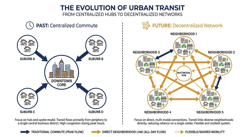 Urban planners are advocating for a shift from a 'hub-and-spoke' model to a flexible, interconnected network.