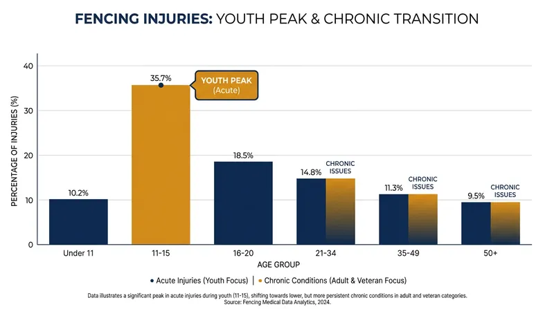 Youth fencers experience the highest volume of acute injuries, while adults manage chronic wear-and-tear.