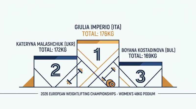 Final standings for the women's 48kg category at the 2026 European Weightlifting Championships.
