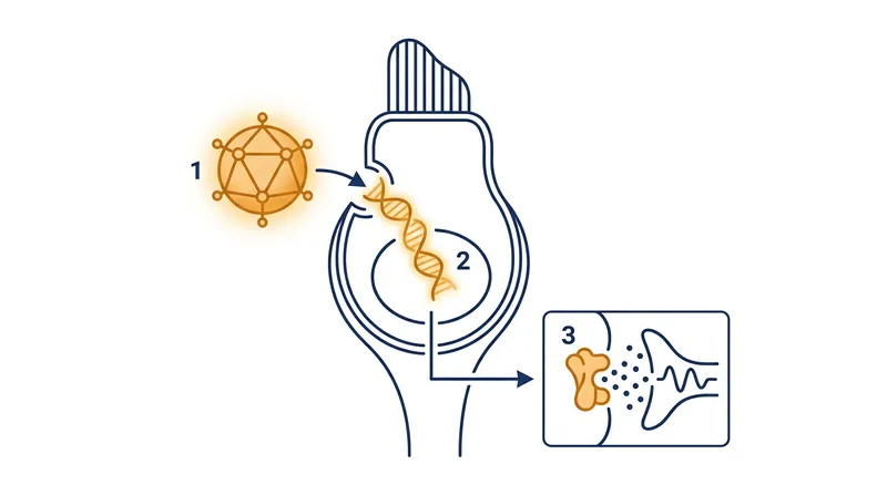 The dual AAV1 vector delivers a functional OTOF gene to the inner hair cells, enabling the production of otoferlin for synaptic transmission.