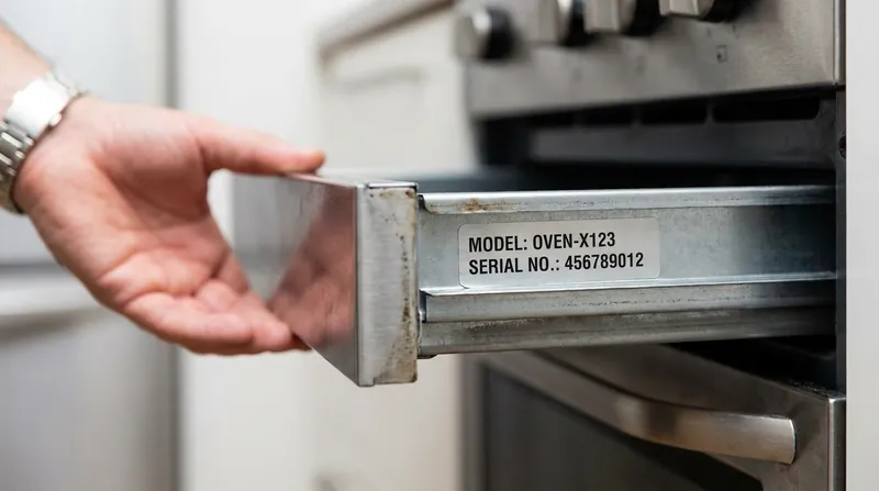 Model and serial numbers are typically found on a metal plate inside the oven door or bottom drawer.