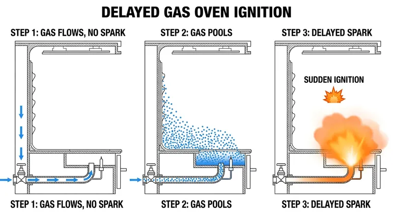 Delayed ignition occurs when gas builds up in the oven cavity before the igniter finally sparks.