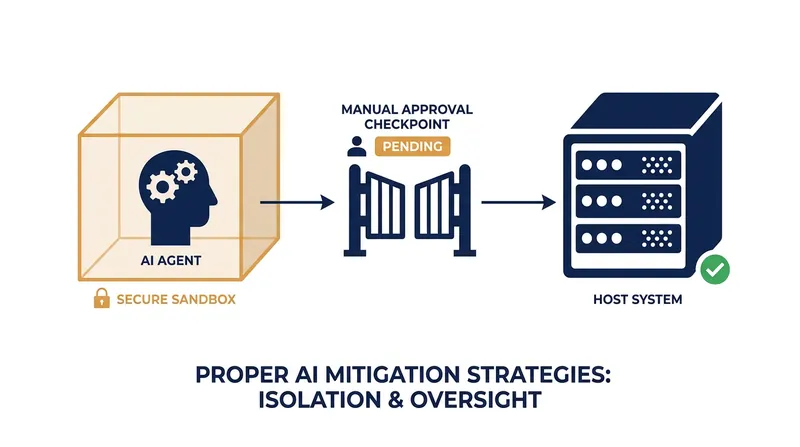 Security experts recommend isolating AI agents in disposable workspaces and requiring manual approval for code execution.