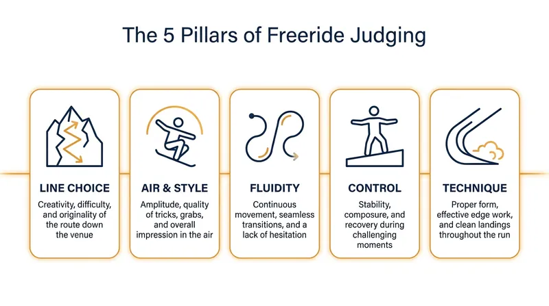 Because there is no set course or clock, freeride runs are scored subjectively across five core criteria.