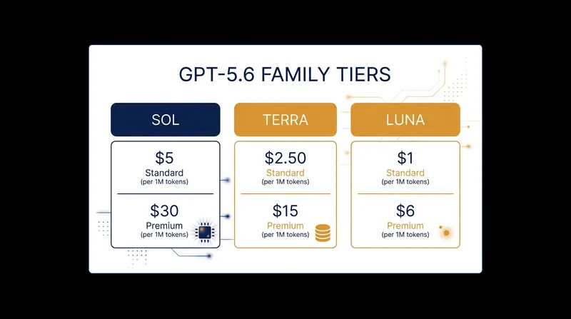 Pricing per one million tokens (input/output) across the new GPT-5.6 family.