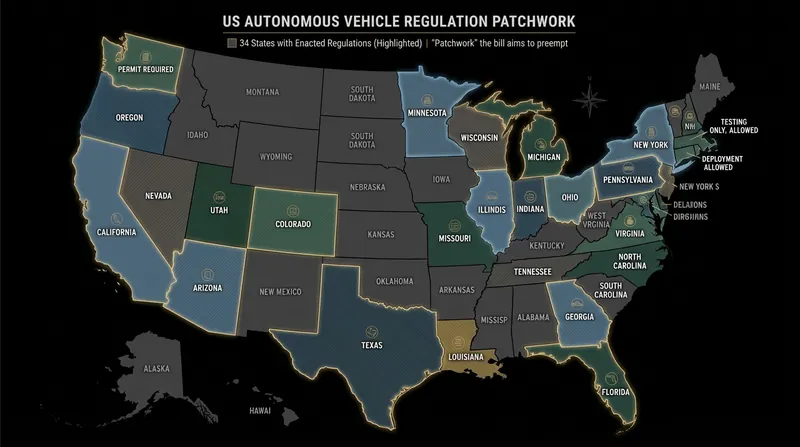 Currently, 34 states have their own autonomous vehicle regulations, creating a fragmented landscape for deployment.