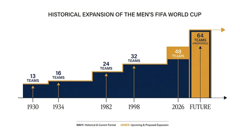 The evolution of the FIFA World Cup field size since its inception in 1930.