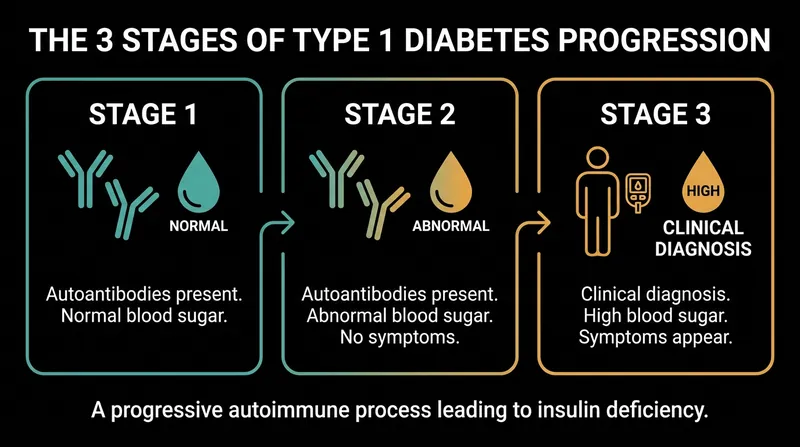 Type 1 diabetes progresses through three distinct stages before a clinical diagnosis is typically made.