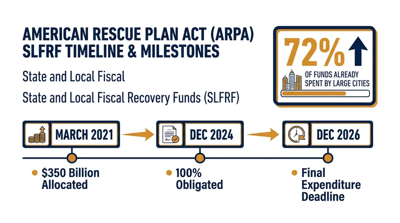 The timeline of the $350 billion State and Local Fiscal Recovery Funds program.