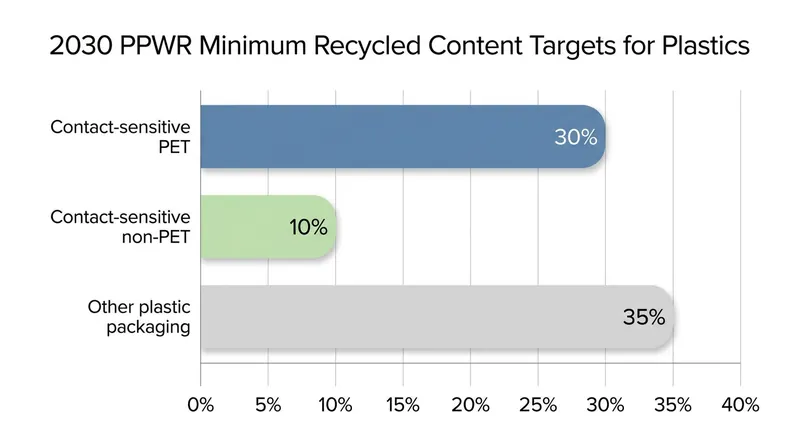 By 2030, all plastic packaging must incorporate specific minimums of post-consumer recycled (PCR) material.