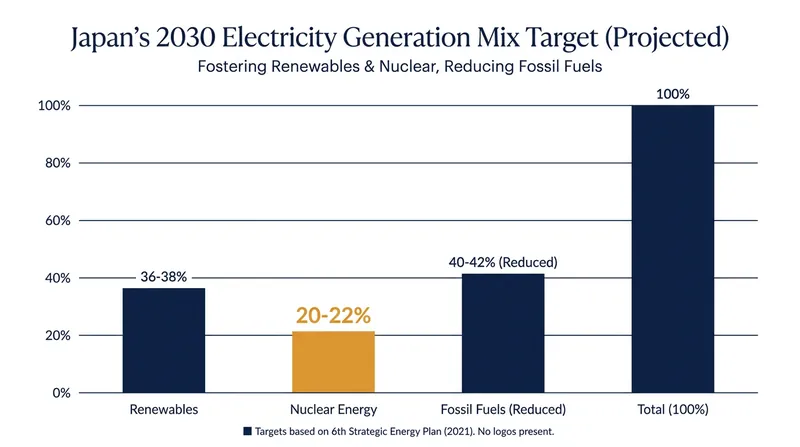 Japan aims to source up to 22% of its electricity from nuclear power by 2030 to meet its decarbonization goals.