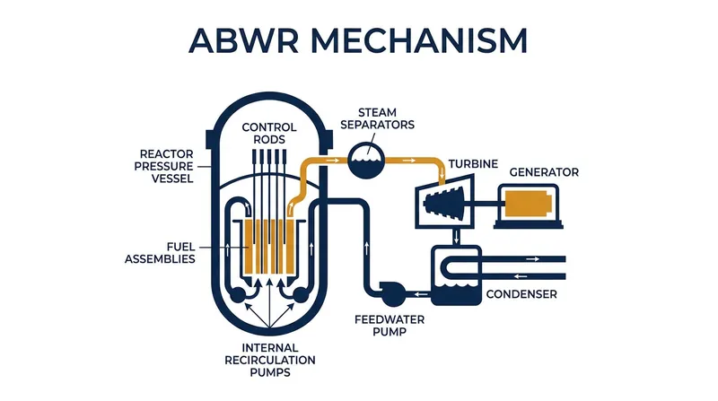 The ABWR design improves safety by placing recirculation pumps directly inside the reactor vessel, eliminating external piping.