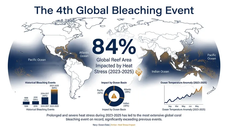 Between 2023 and 2025, 84 percent of the world's coral reefs experienced bleaching-level heat stress.