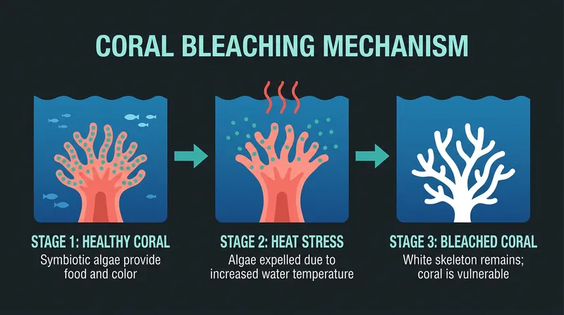 Coral bleaching occurs when heat stress causes corals to expel their symbiotic algae, leading to starvation.