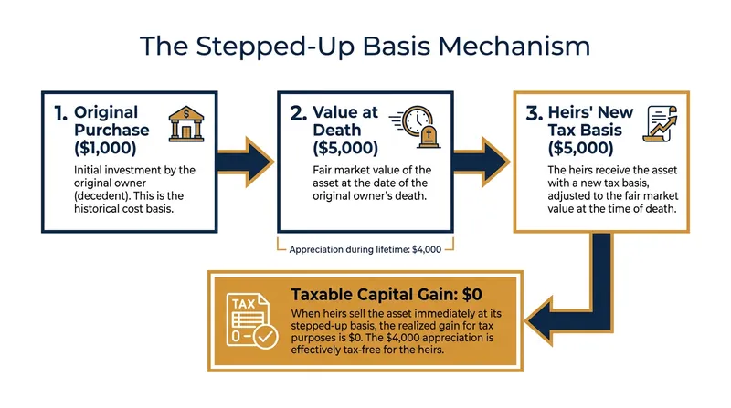 How the current stepped-up basis rule eliminates capital gains tax on inherited assets.