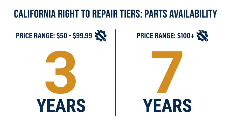 The law mandates different lengths of parts availability based on the wholesale price of the appliance.